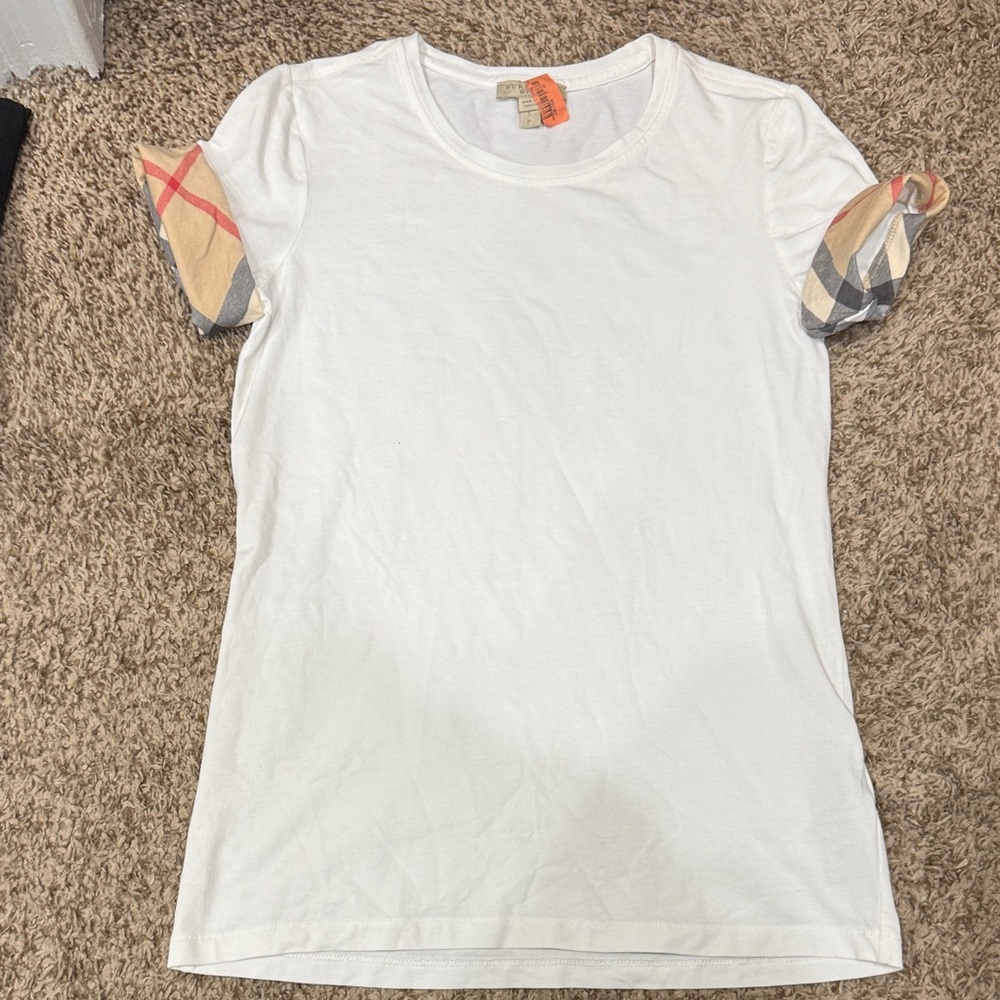 Burberry White Tee with Checkered Sleeves
